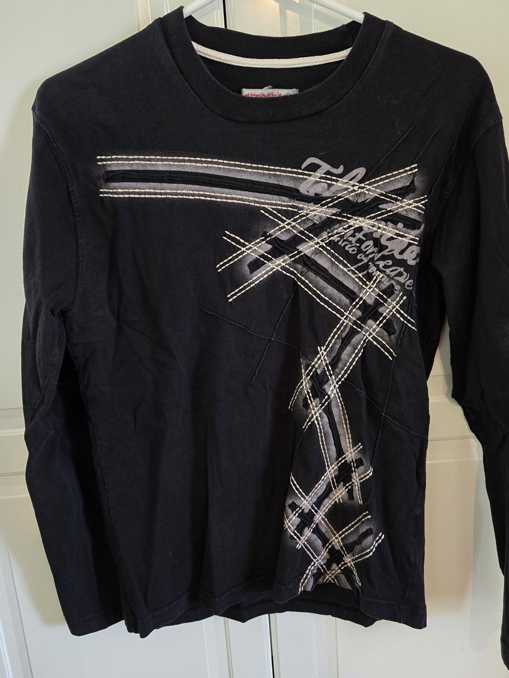 Black Long Sleeve Graphic Tee with White Stitching